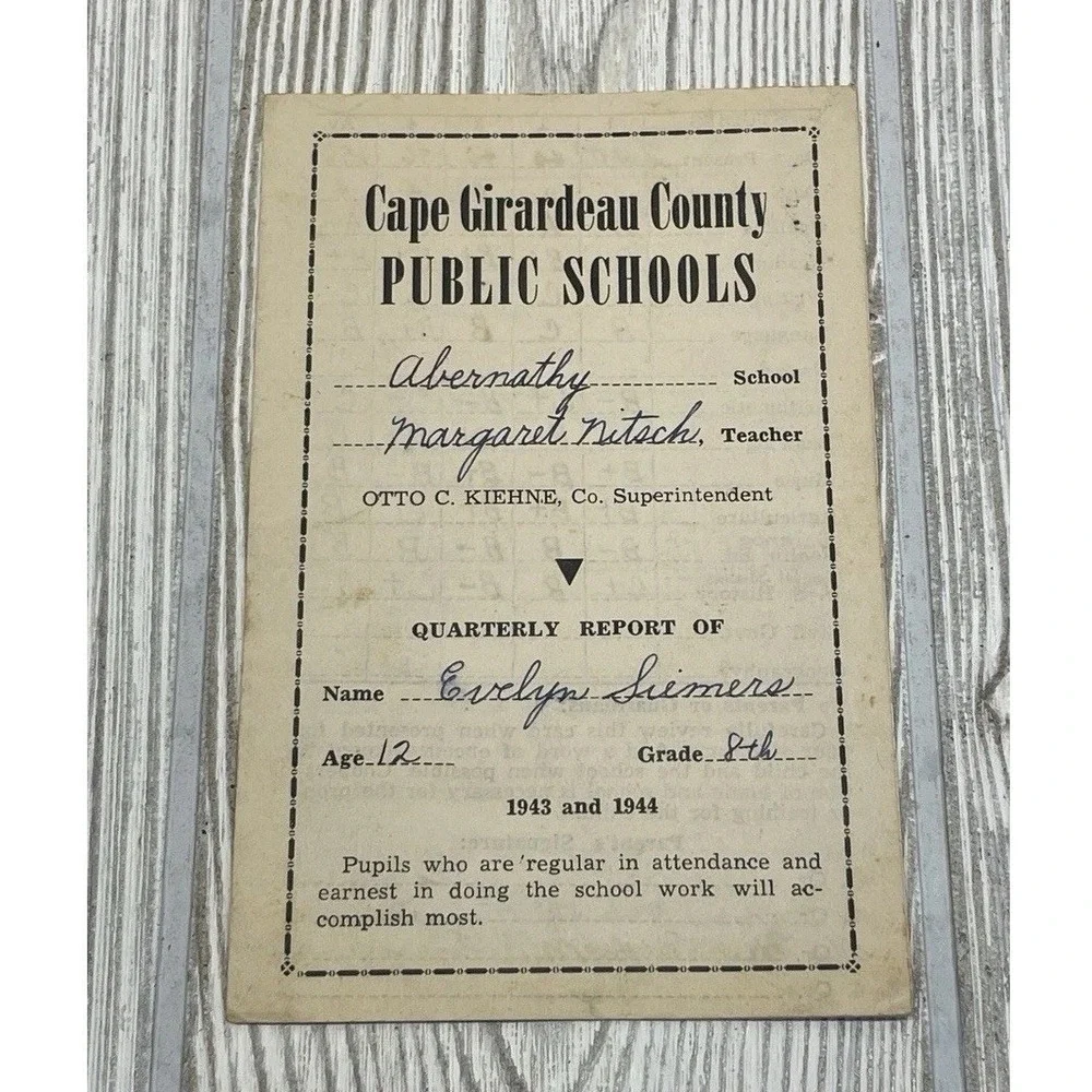 8th Grade Report Card VTG 1943-44 Ephemera Cape Girardeau County MO Handwritten